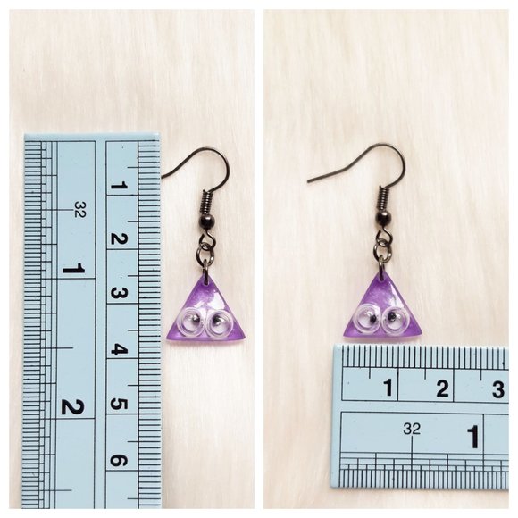 Purple Googly Eye Earrings Triangle Handmade Mini Resin Dangle Earrings - Picture 6 of 8